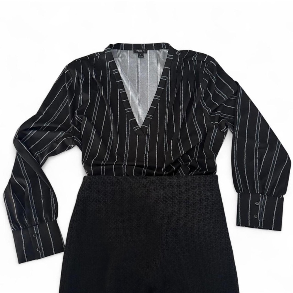 Ann Taylor Black Pinstripe V-Neck Blouse